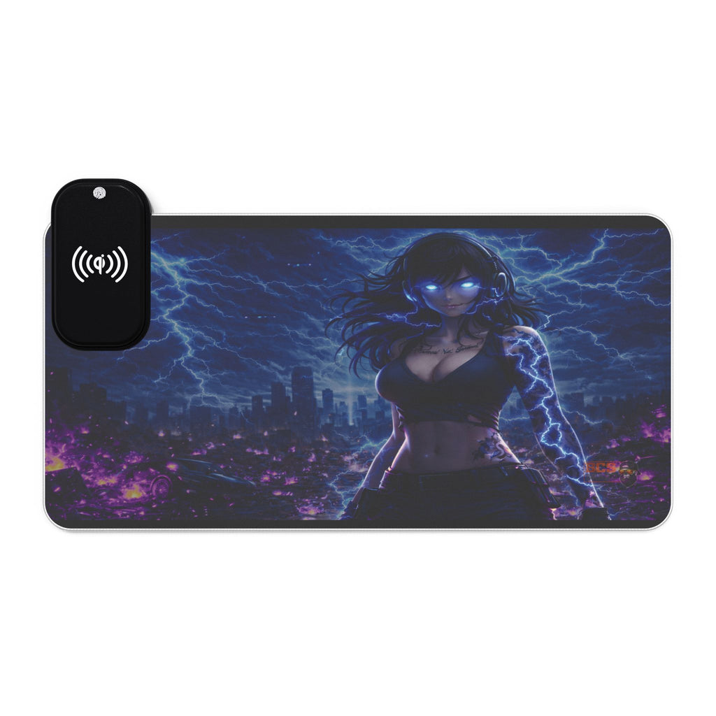 RGB Wireless Charging Gaming Mouse Pad – 35x16 Extended Desk Mat with Neon Storm Cyberpunk Artwork
