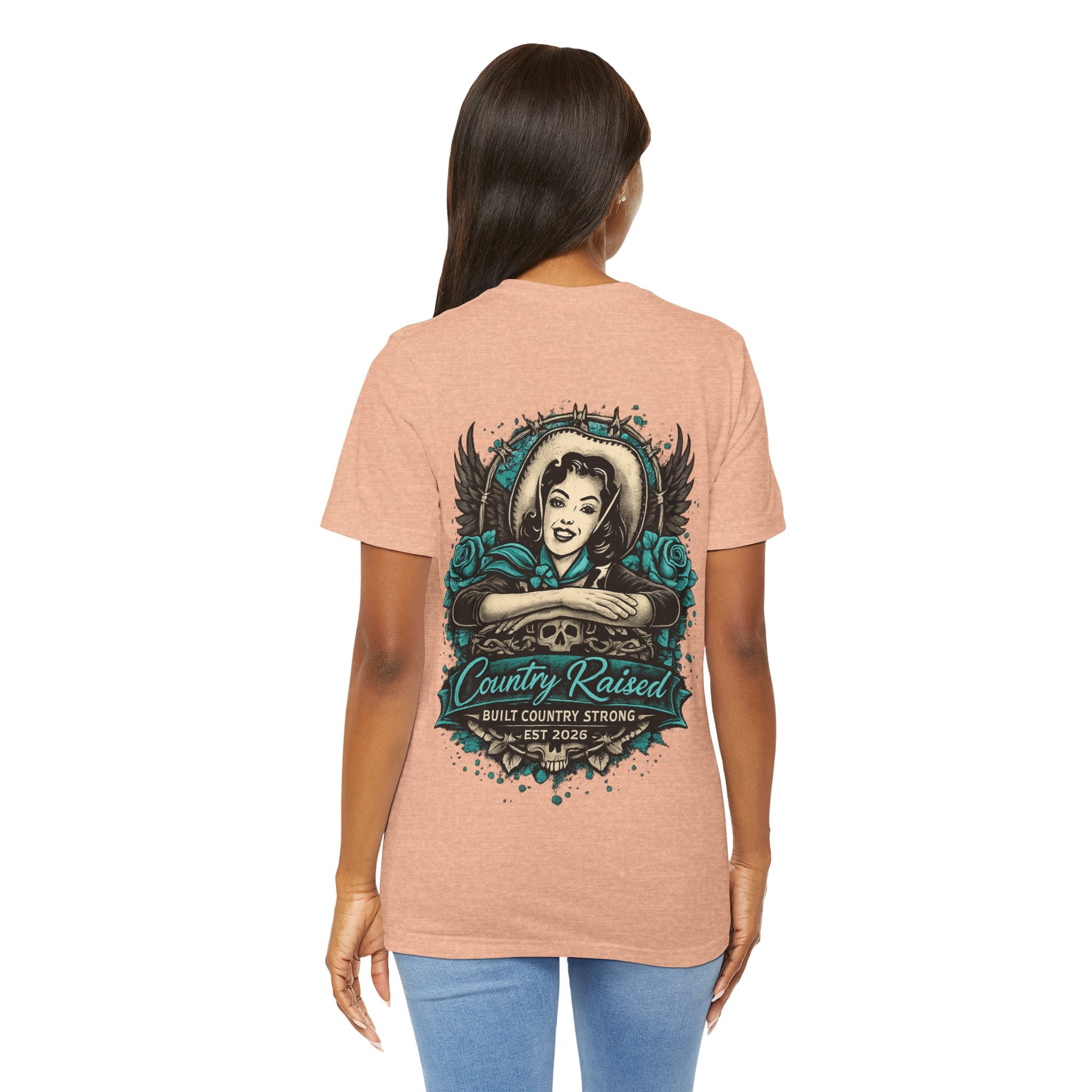 Country Raised – Built Country Strong Women’s Graphic Tee | Teal Western Skull & Wings Shirt