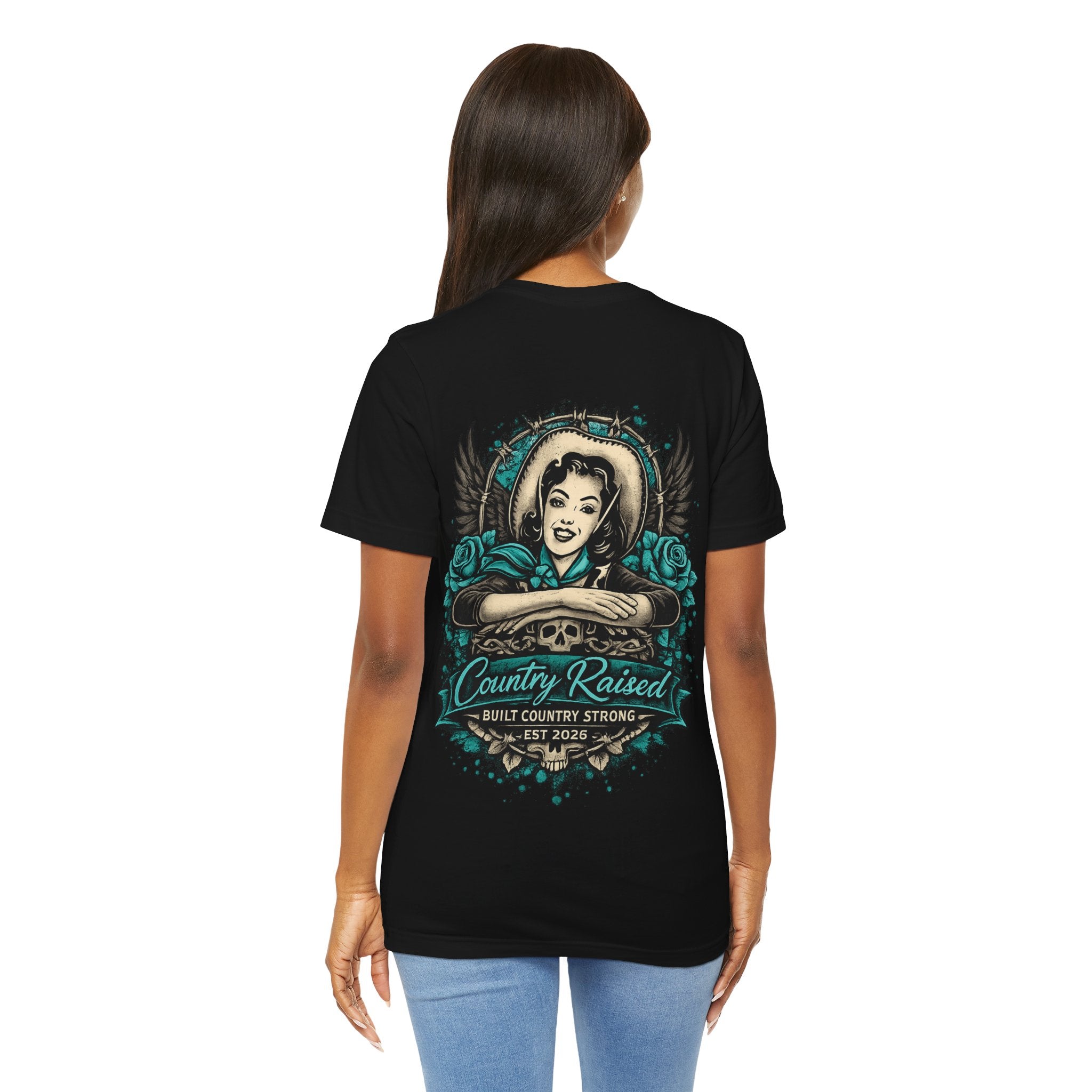 Country Raised – Built Country Strong Women’s Graphic Tee | Teal Western Skull & Wings Shirt