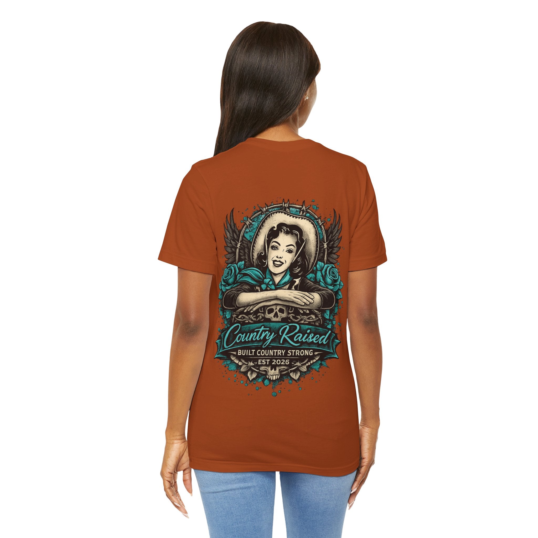 Country Raised – Built Country Strong Women’s Graphic Tee | Teal Western Skull & Wings Shirt
