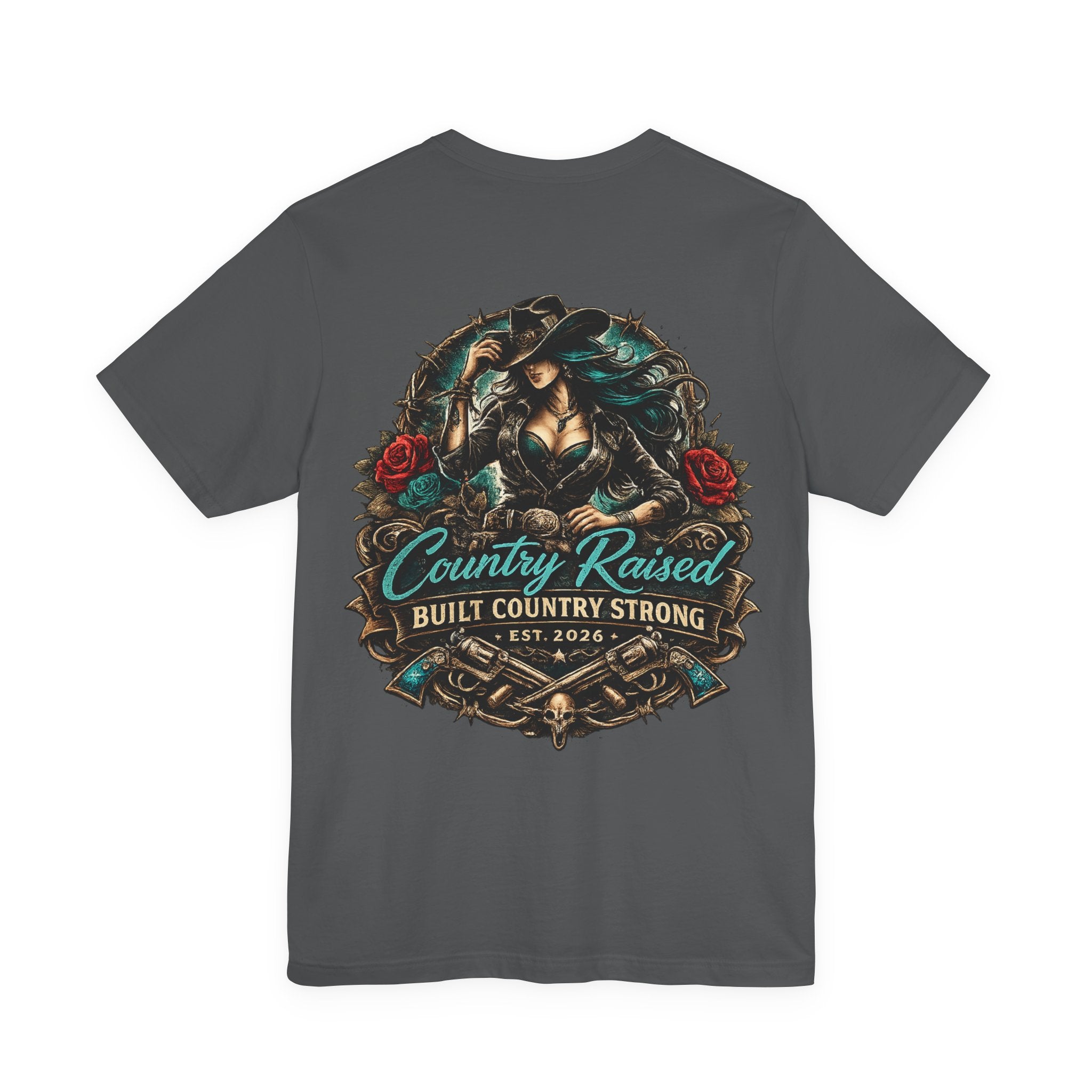 Country Raised Graphic Tee – Built Country Strong EST. 2026 | Western Cowgirl Tattoo Shirt