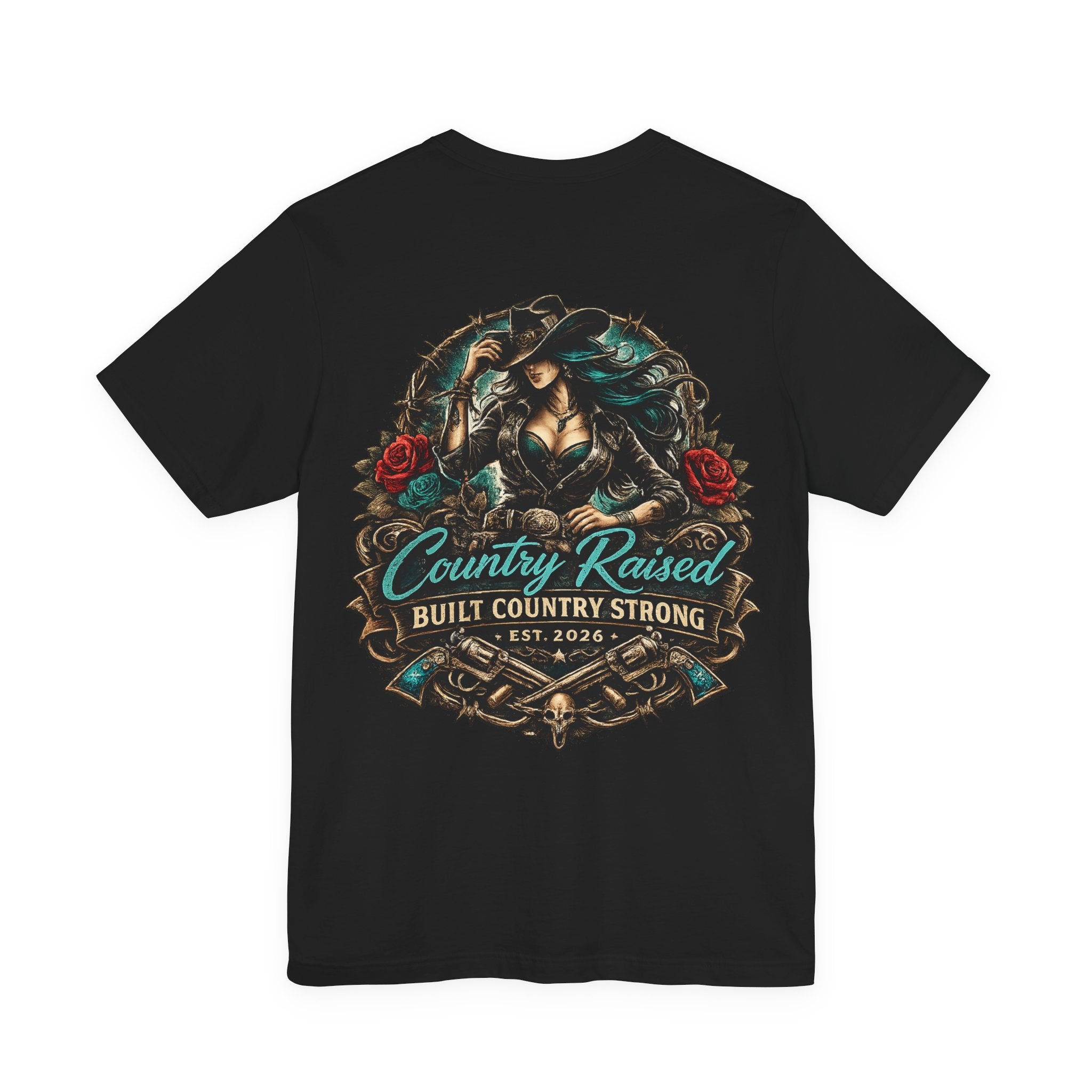 Country Raised Graphic Tee – Built Country Strong EST. 2026 | Western Cowgirl Tattoo Shirt