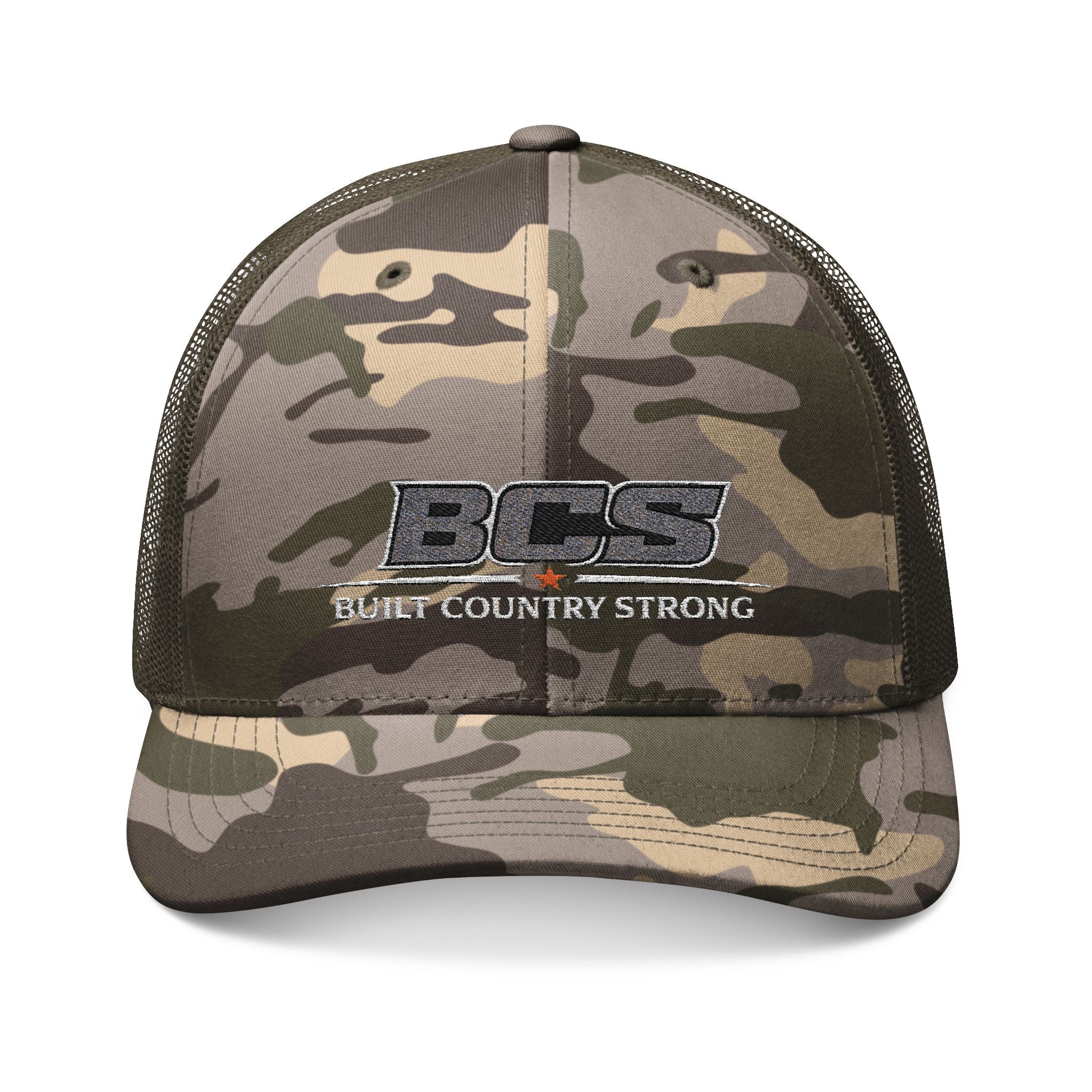 BCS Built Country Strong Camo Trucker Hat | Rugged Country Hunting Hat | Richardson Style Outdoor Cap