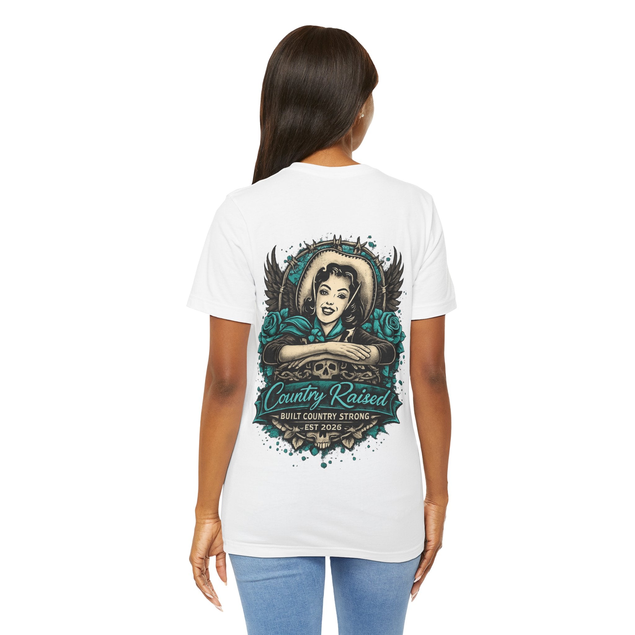 Country Raised – Built Country Strong Women’s Graphic Tee | Teal Western Skull & Wings Shirt