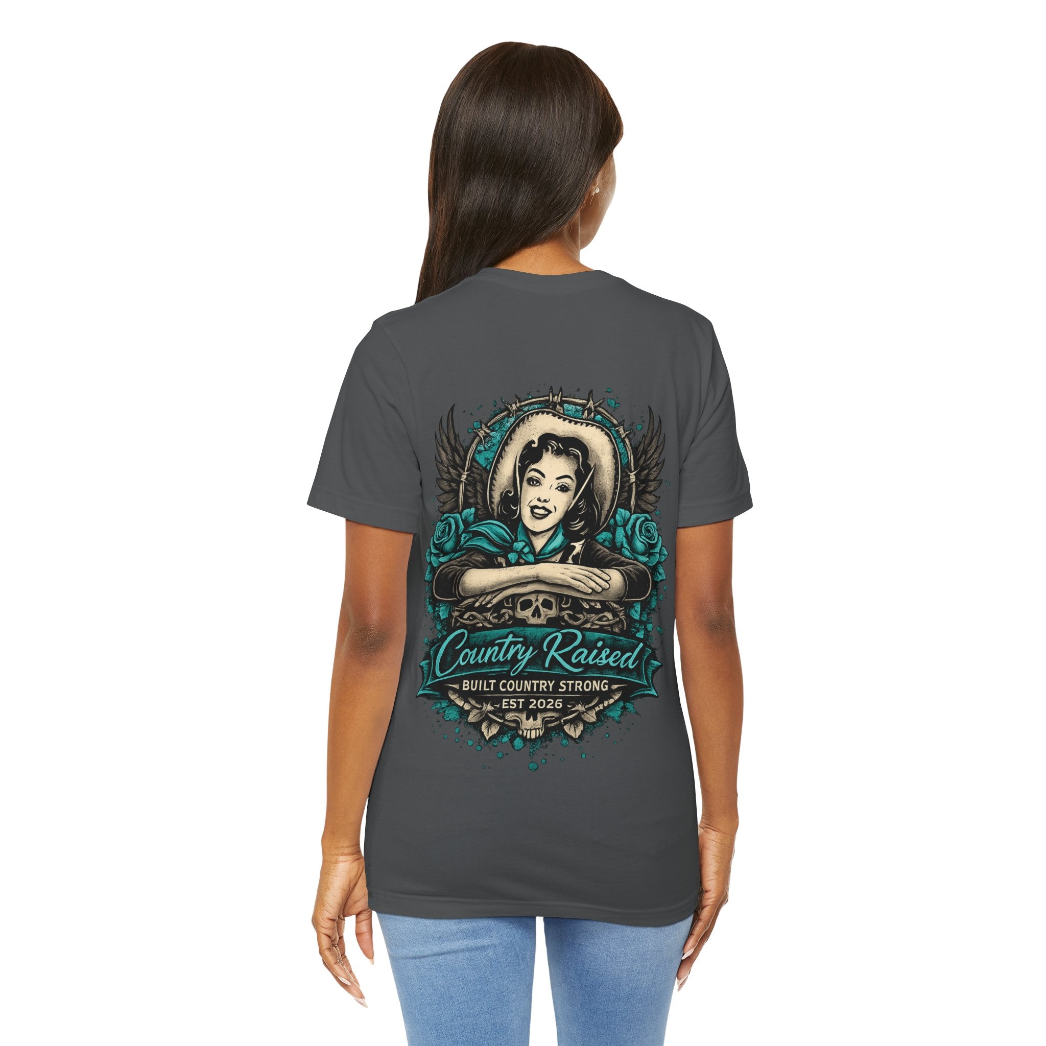 Country Raised – Built Country Strong Women’s Graphic Tee | Teal Western Skull & Wings Shirt