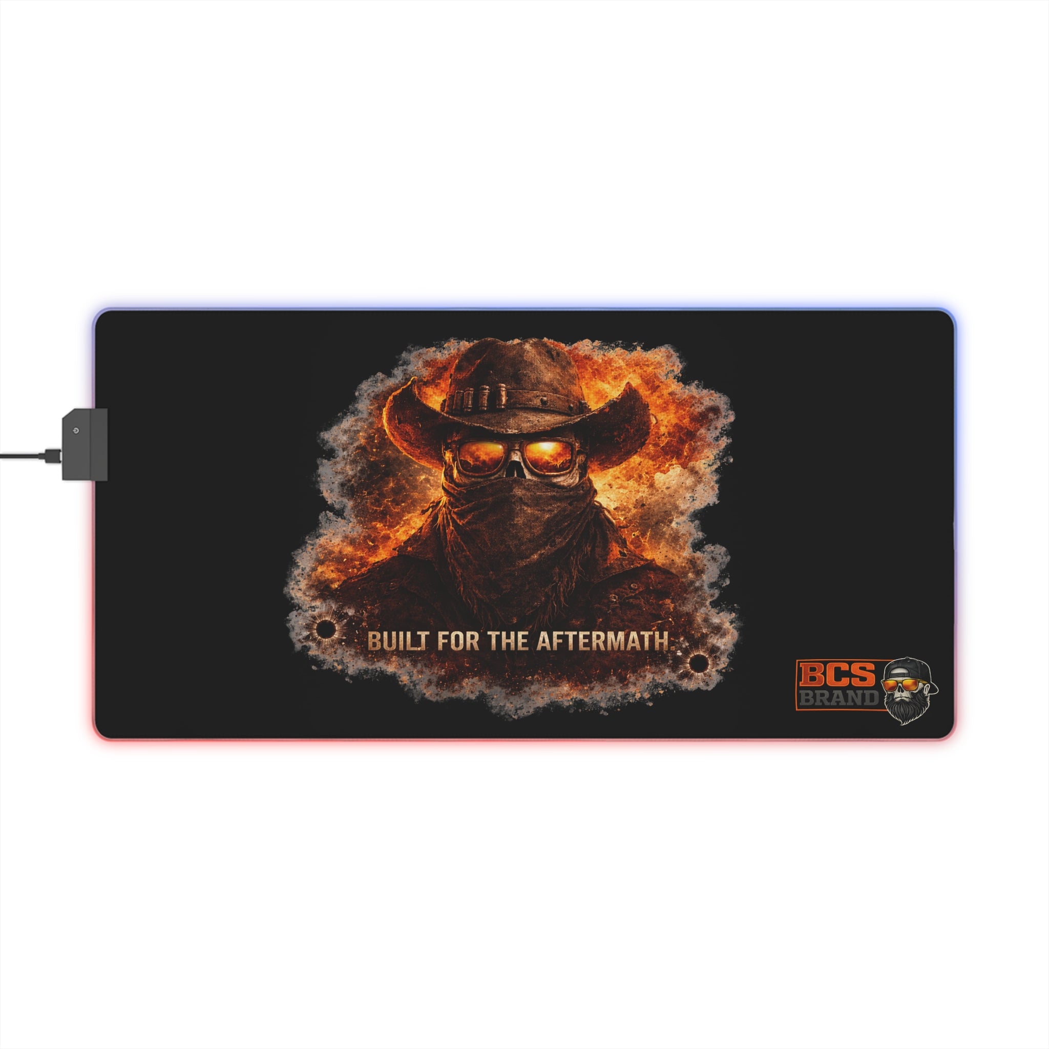 LED Gaming Mouse Pad — "Built for the Aftermath" Flaming Cowboy RGB Desk Mat