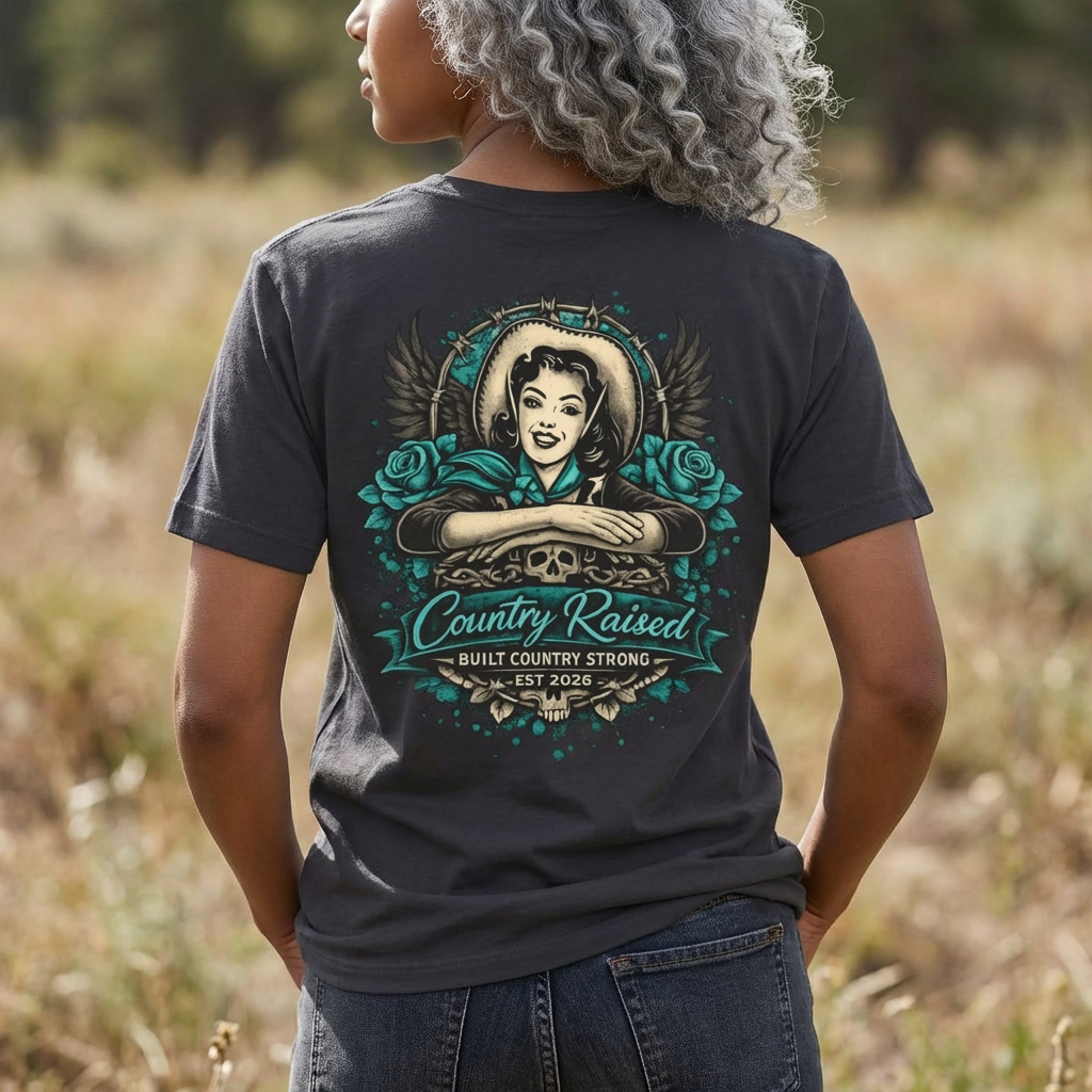 Country Raised – Built Country Strong Women’s Graphic Tee | Teal Western Skull & Wings Shirt