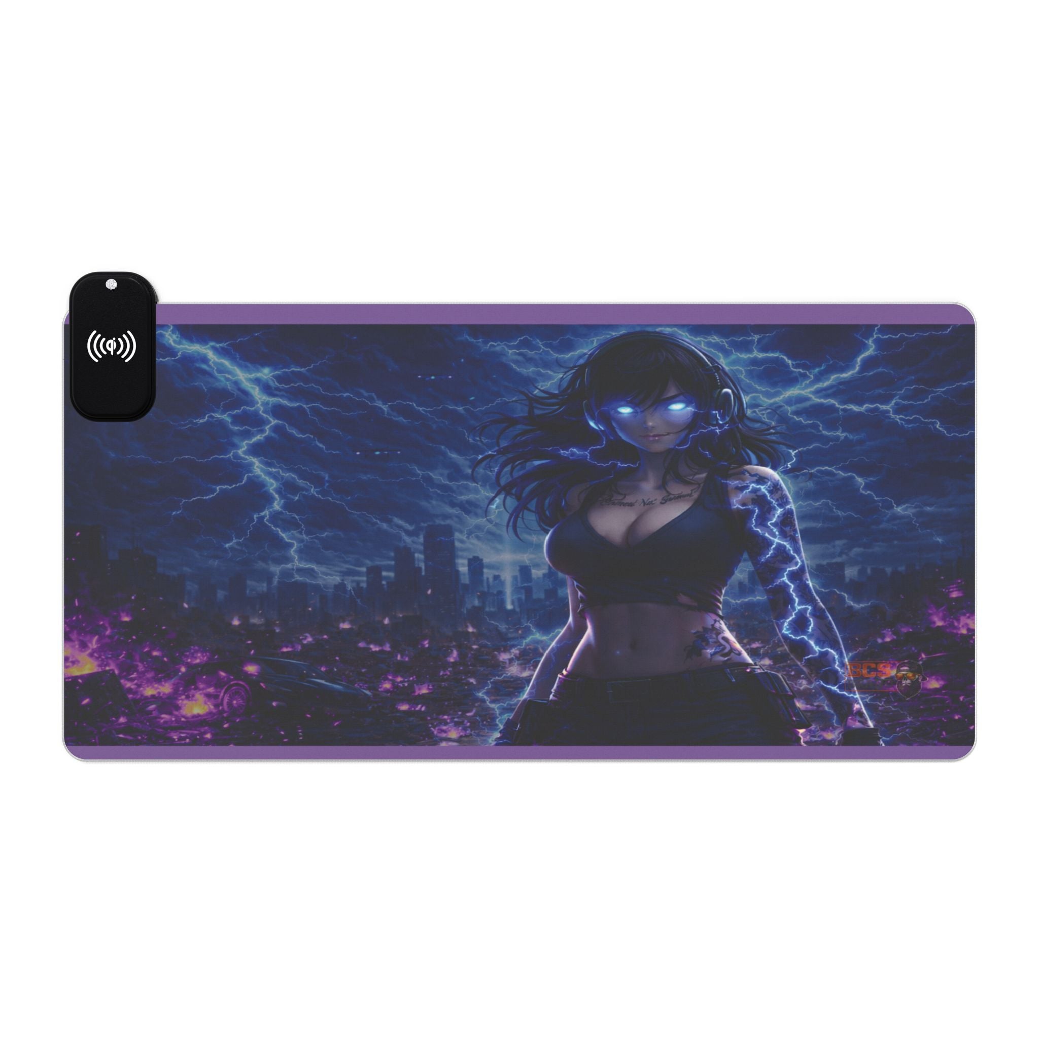 RGB Wireless Charging Gaming Mouse Pad – 35x16 Extended Desk Mat with Neon Storm Cyberpunk Artwork