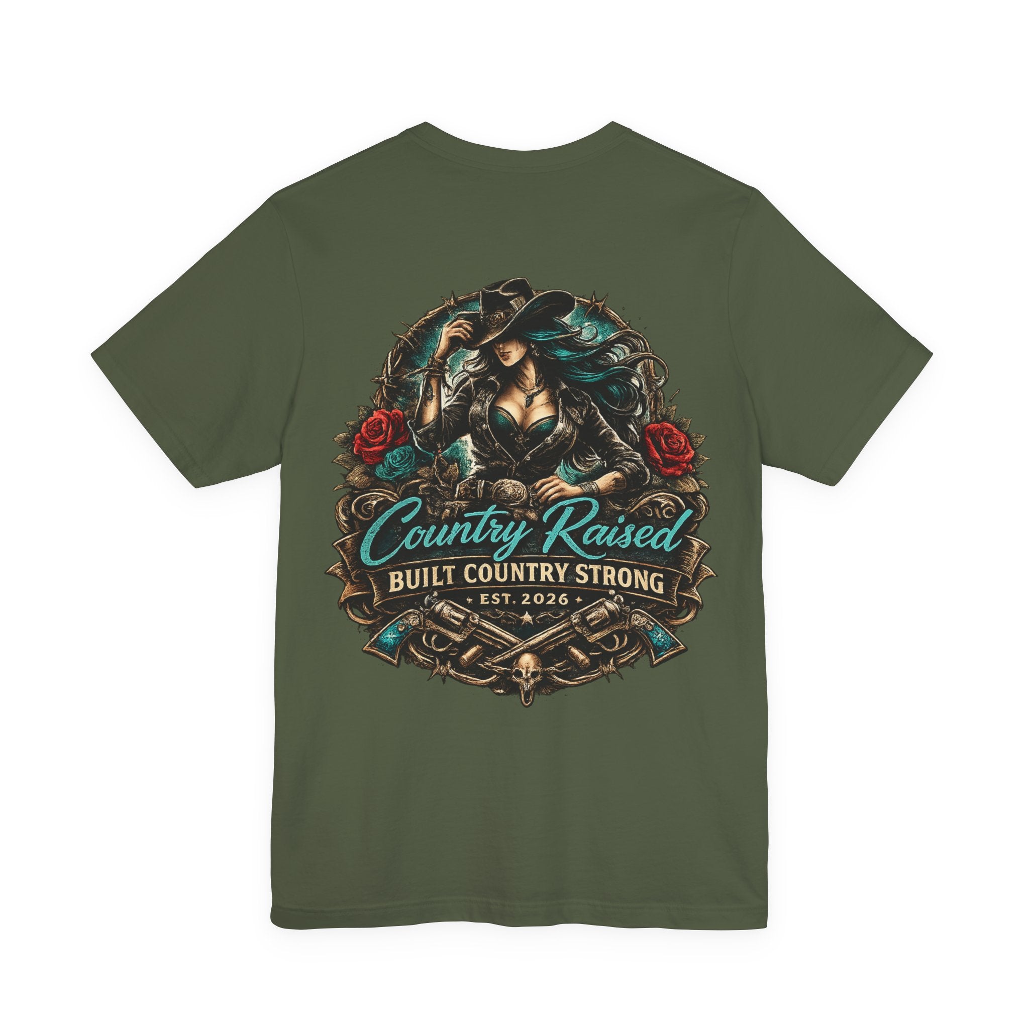 Country Raised Graphic Tee – Built Country Strong EST. 2026 | Western Cowgirl Tattoo Shirt