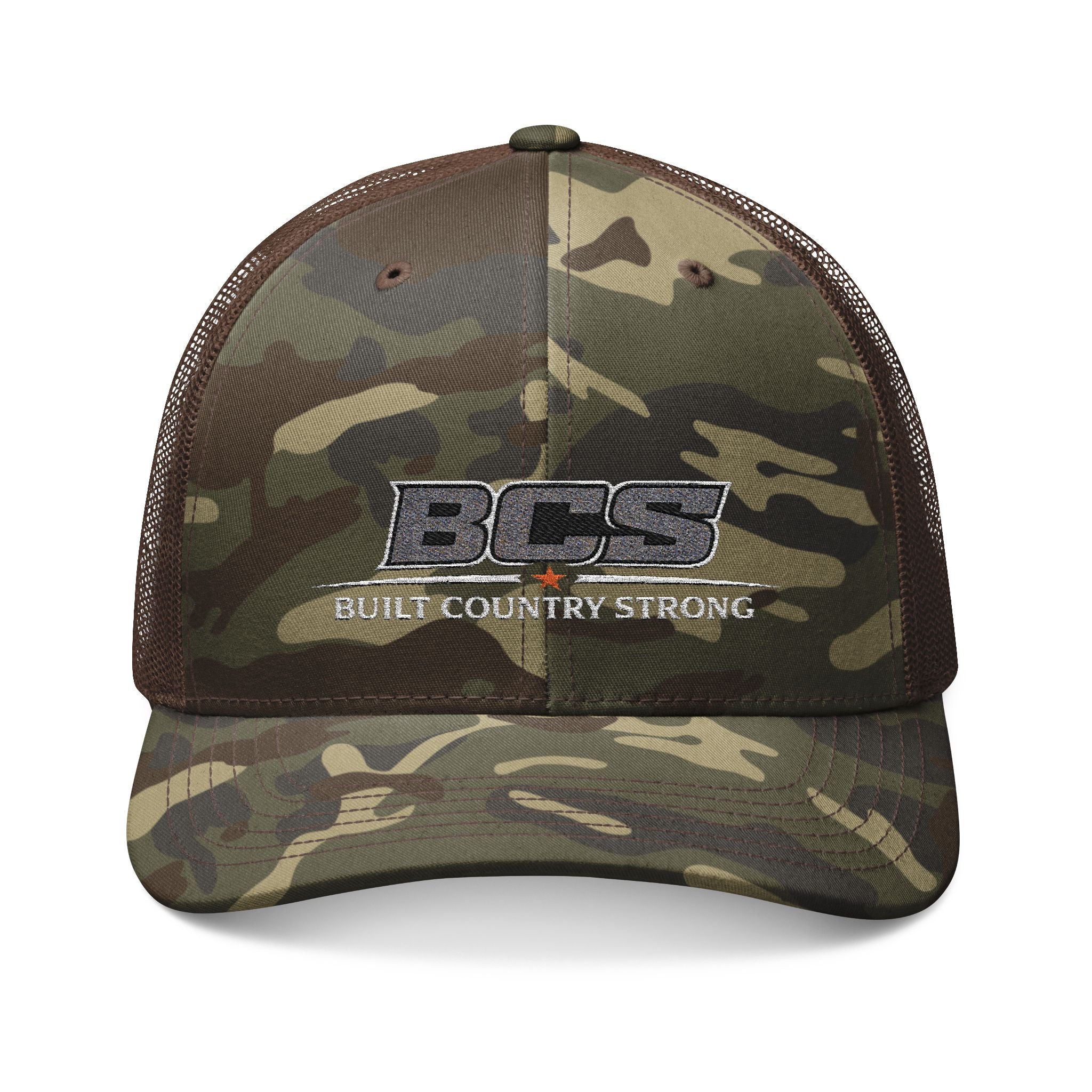 BCS Built Country Strong Camo Trucker Hat | Rugged Country Hunting Hat | Richardson Style Outdoor Cap