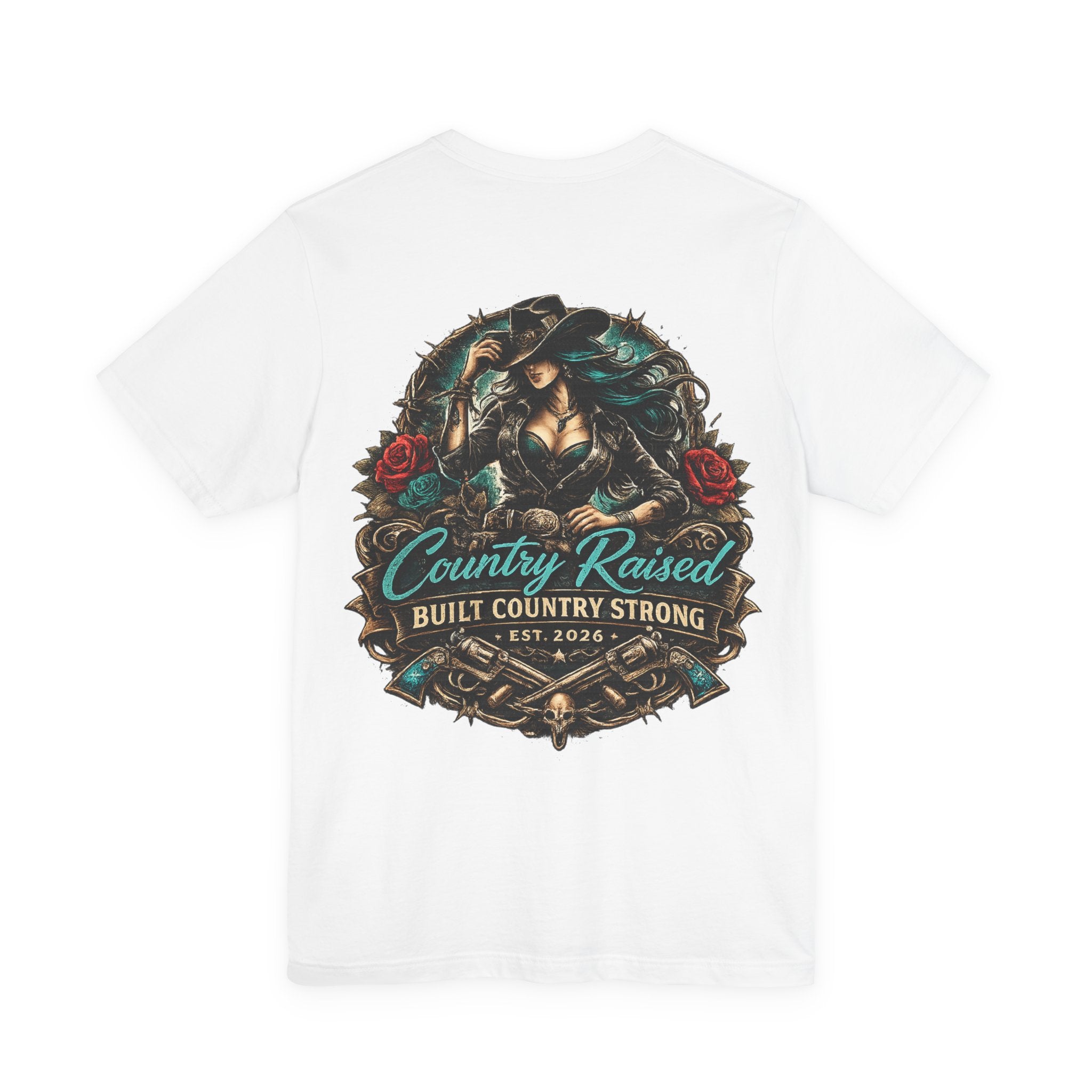 Country Raised Graphic Tee – Built Country Strong EST. 2026 | Western Cowgirl Tattoo Shirt