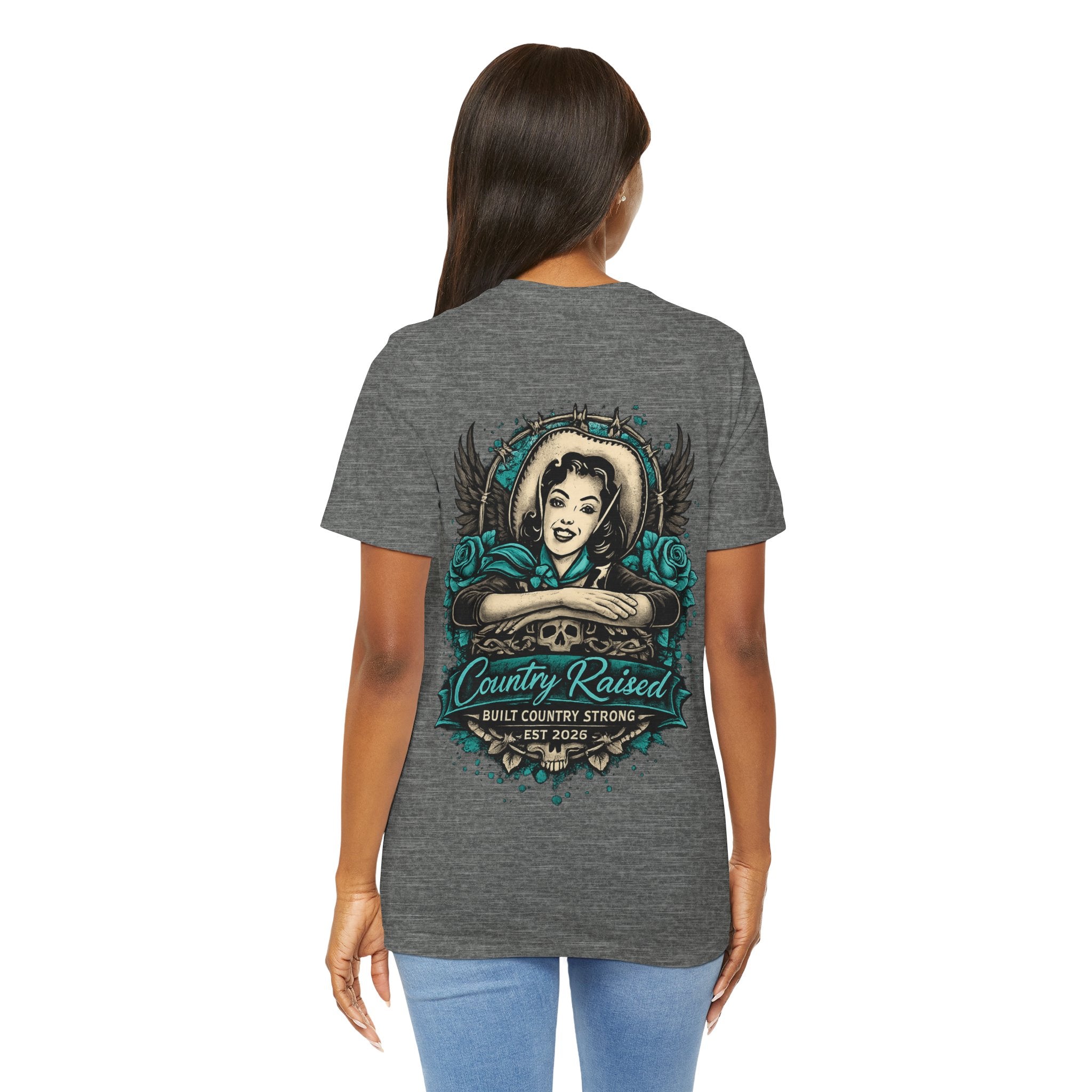 Country Raised – Built Country Strong Women’s Graphic Tee | Teal Western Skull & Wings Shirt