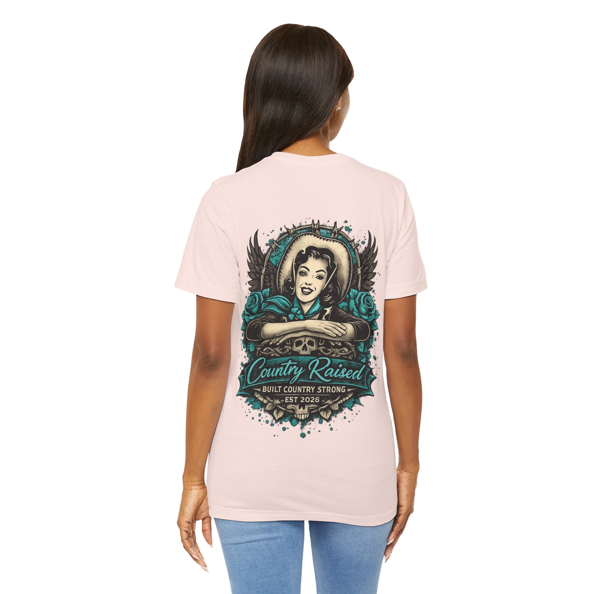 Country Raised – Built Country Strong Women’s Graphic Tee | Teal Western Skull & Wings Shirt