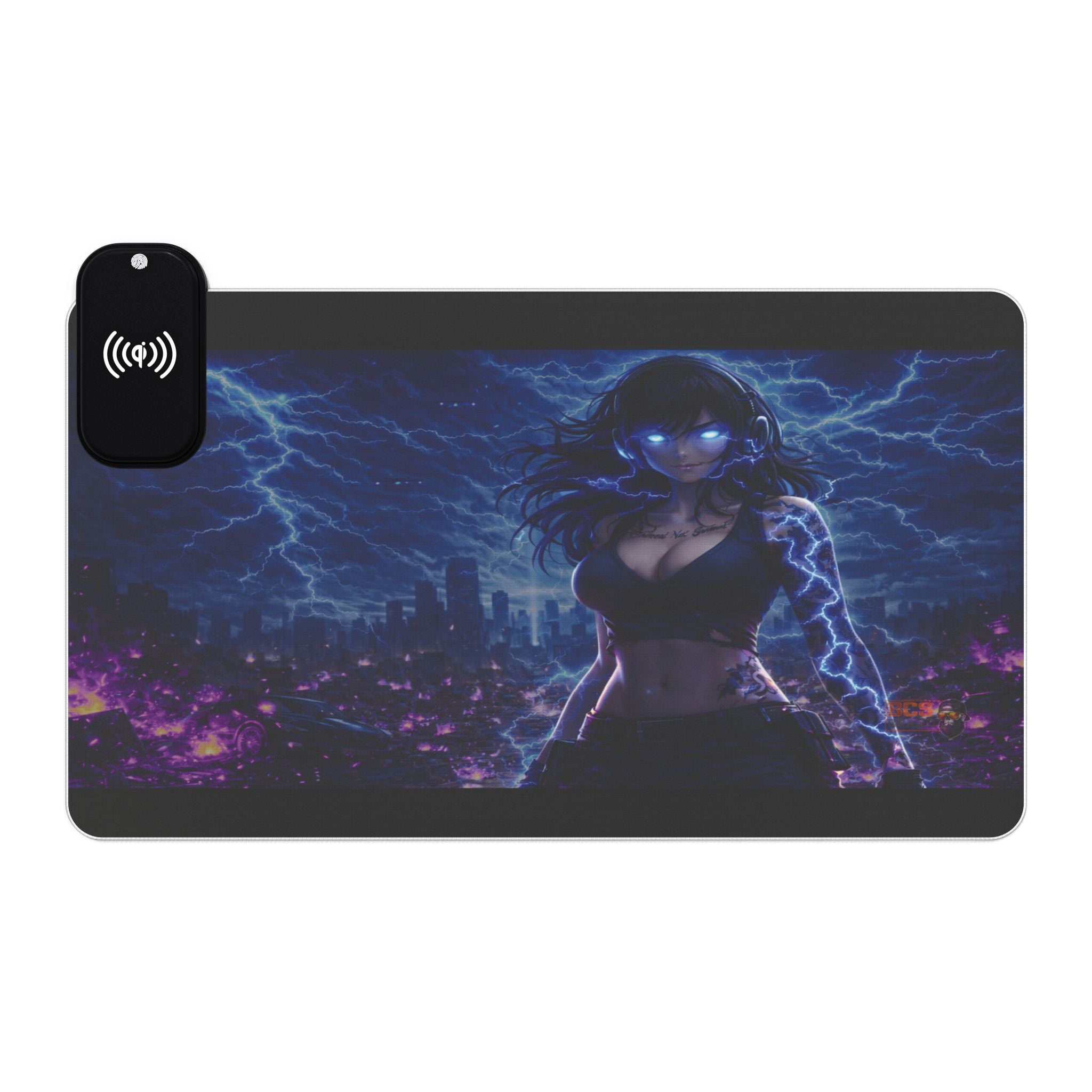 RGB Wireless Charging Gaming Mouse Pad – 35x16 Extended Desk Mat with Neon Storm Cyberpunk Artwork