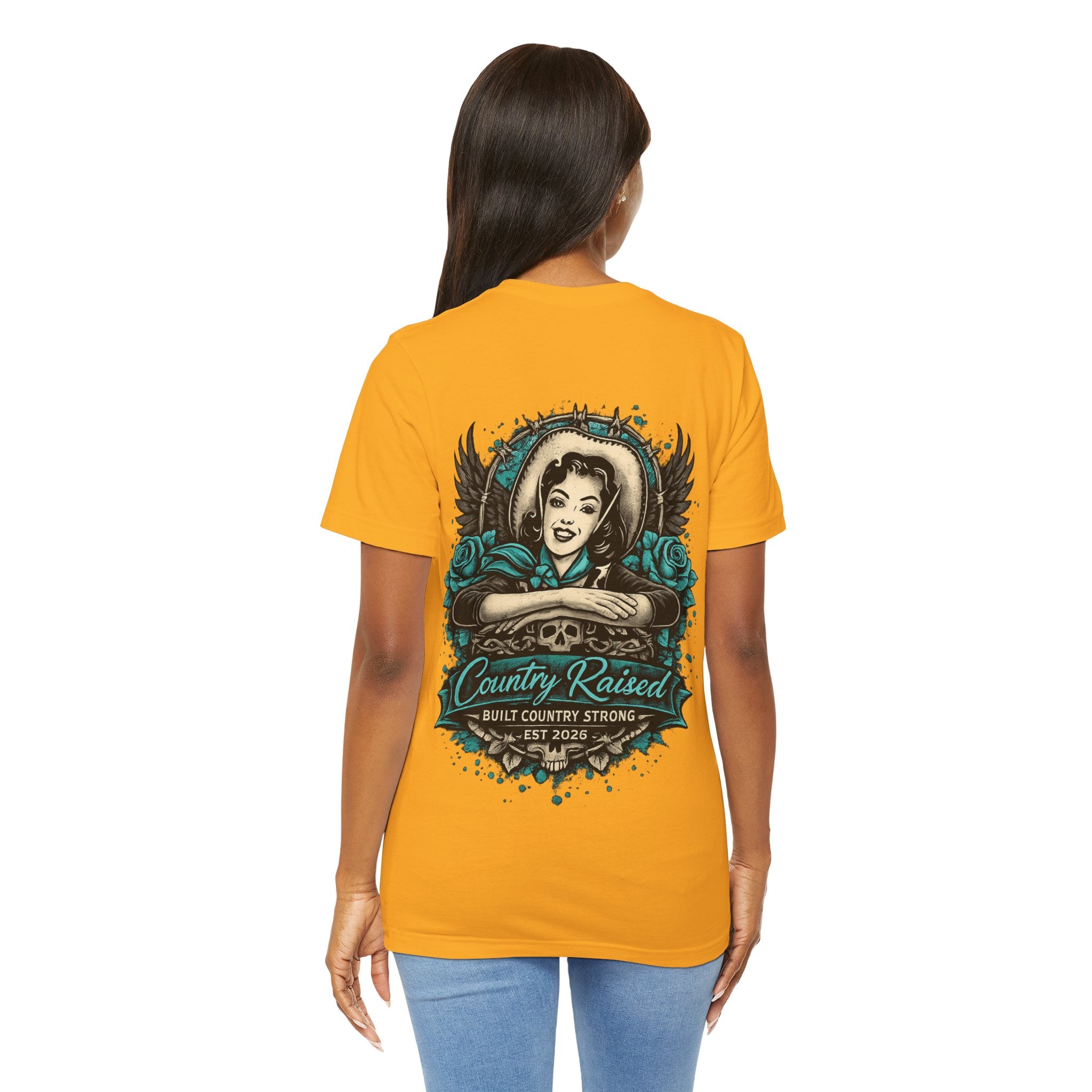 Country Raised – Built Country Strong Women’s Graphic Tee | Teal Western Skull & Wings Shirt