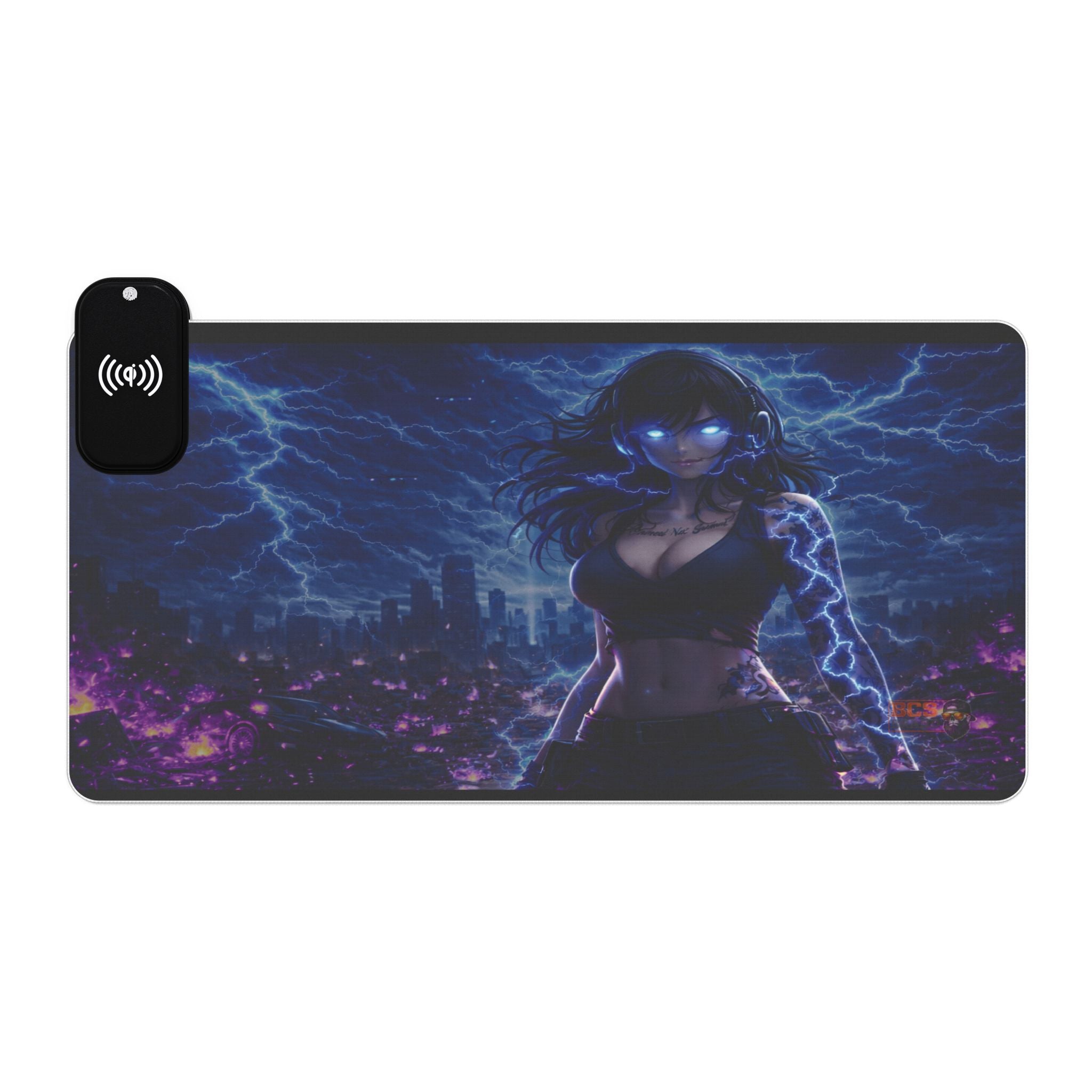 RGB Wireless Charging Gaming Mouse Pad – 35x16 Extended Desk Mat with Neon Storm Cyberpunk Artwork