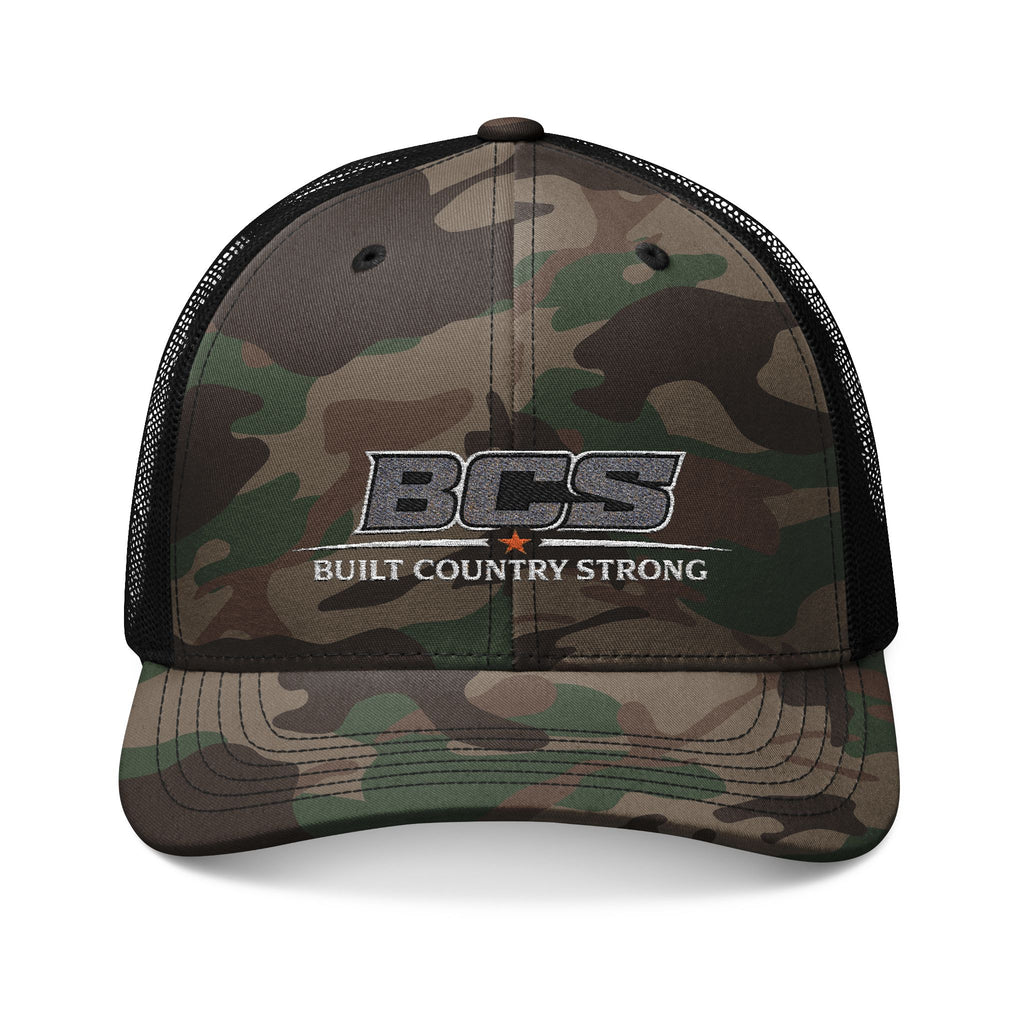 BCS Built Country Strong Camo Trucker Hat | Rugged Country Hunting Hat | Richardson Style Outdoor Cap