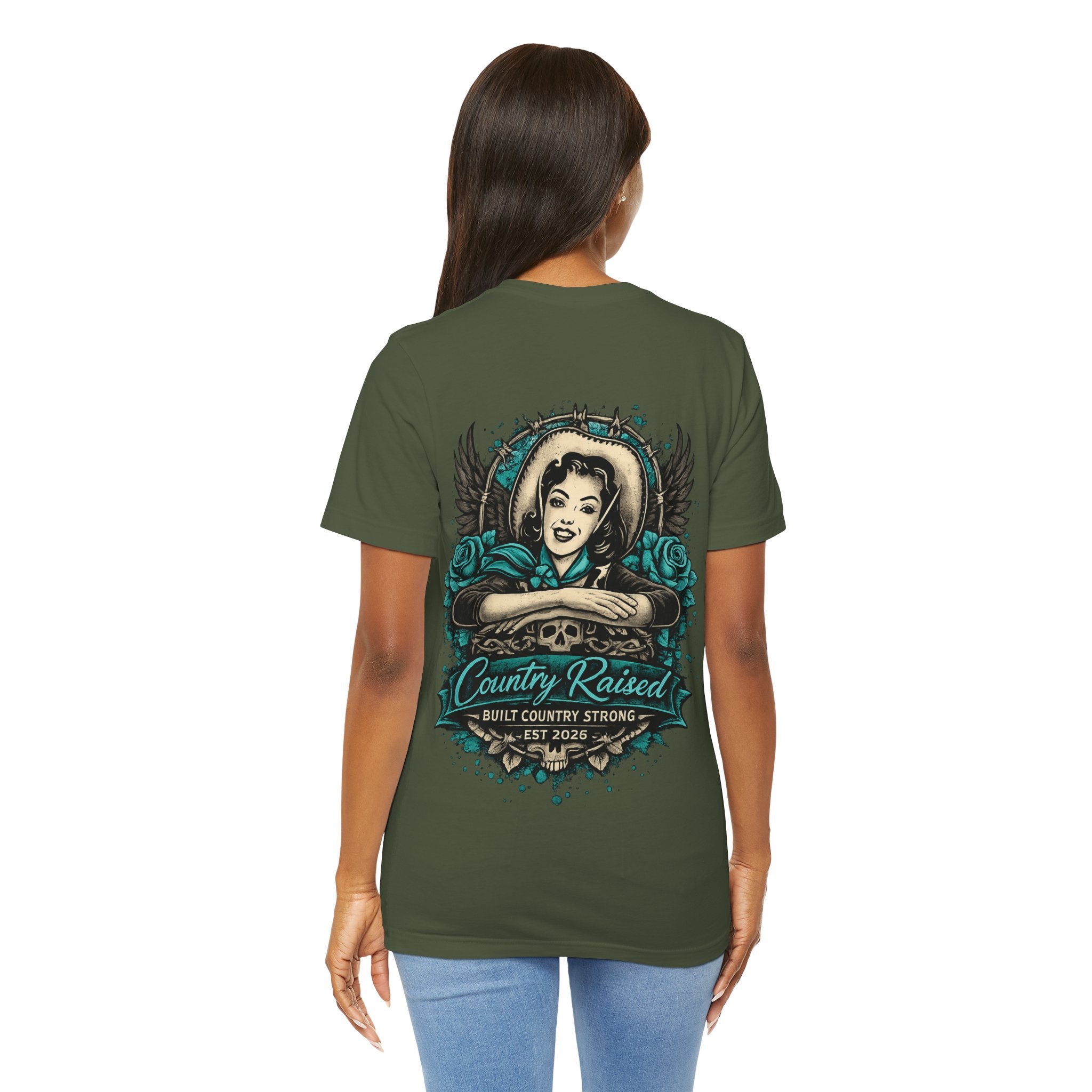 Country Raised – Built Country Strong Women’s Graphic Tee | Teal Western Skull & Wings Shirt