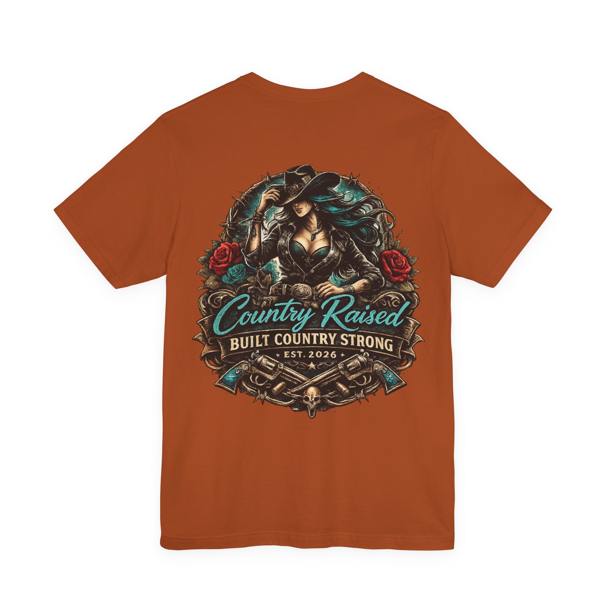 Country Raised Graphic Tee – Built Country Strong EST. 2026 | Western Cowgirl Tattoo Shirt